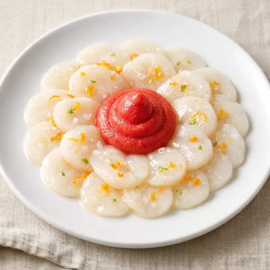 Carpaccio de saint-jacques dressé en rosace avec zestes d'agrumes et purée de betterave