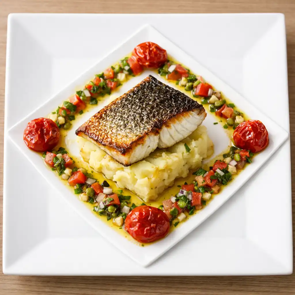 Filet de loup rôti, écrasé de pommes de terre, sauce vierge au basilic et tomates confites