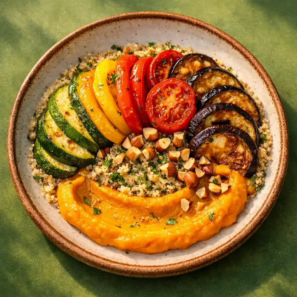 Arc-en-ciel de légumes rôtis, quinoa aux herbes, crème de courge butternut et éclats de noisettes
