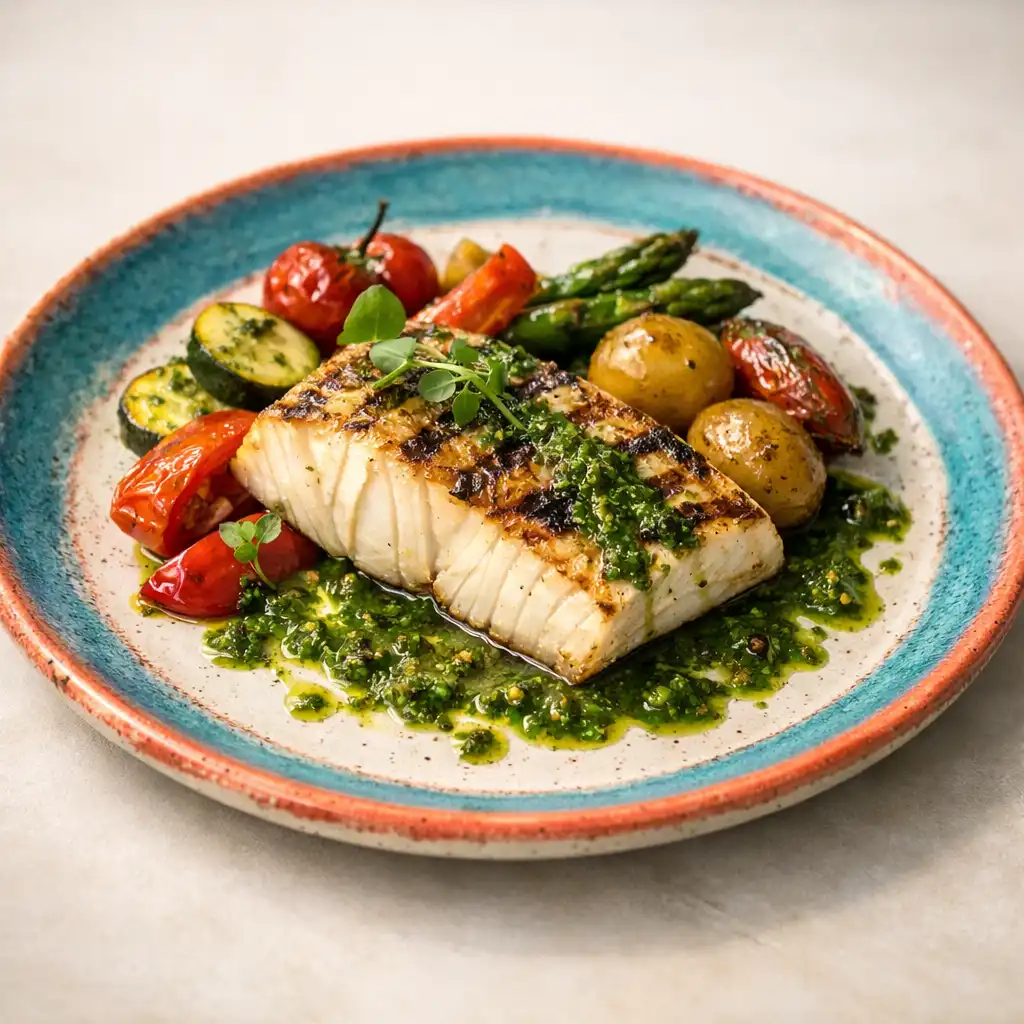 Assiette signature de poisson grillé avec légumes rôtis et sauce aux herbes