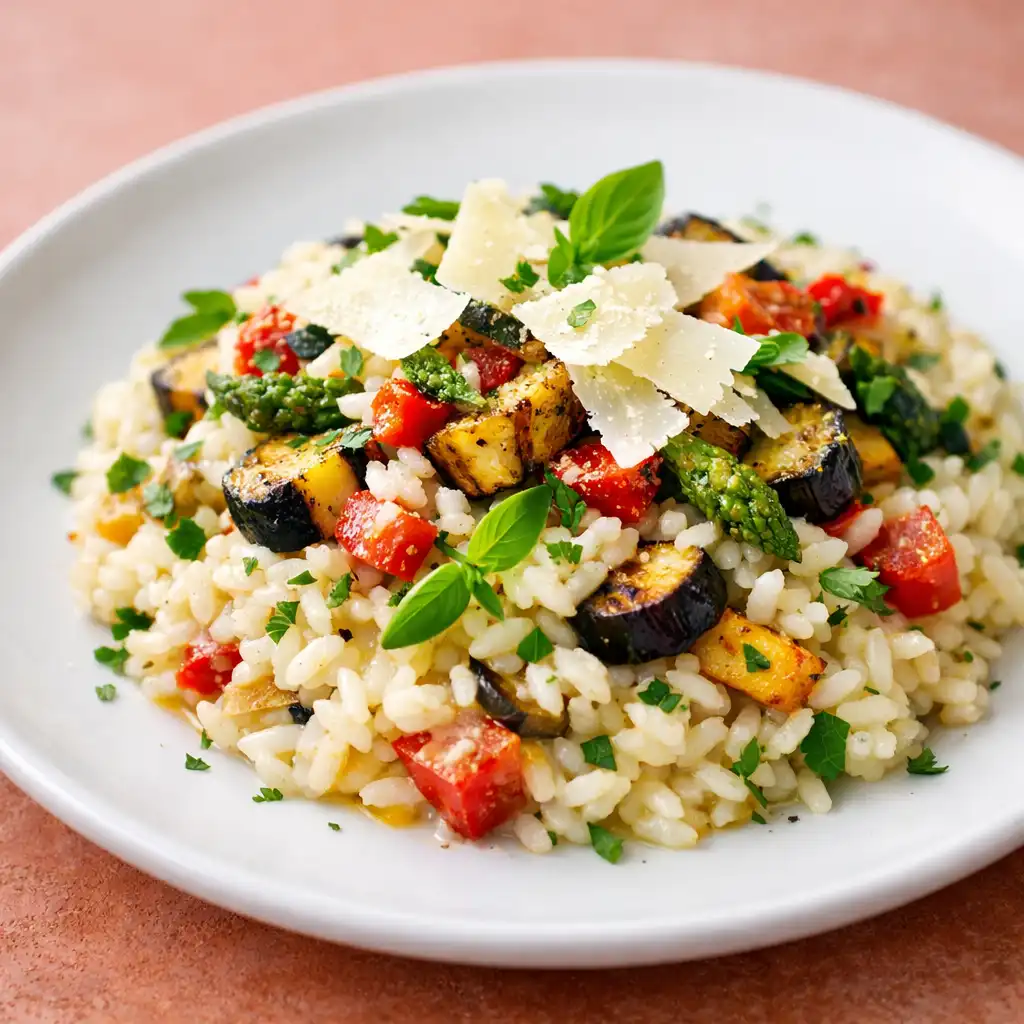 Assiette signature végétarienne de risotto crémeux aux légumes grillés et copeaux de parmesan