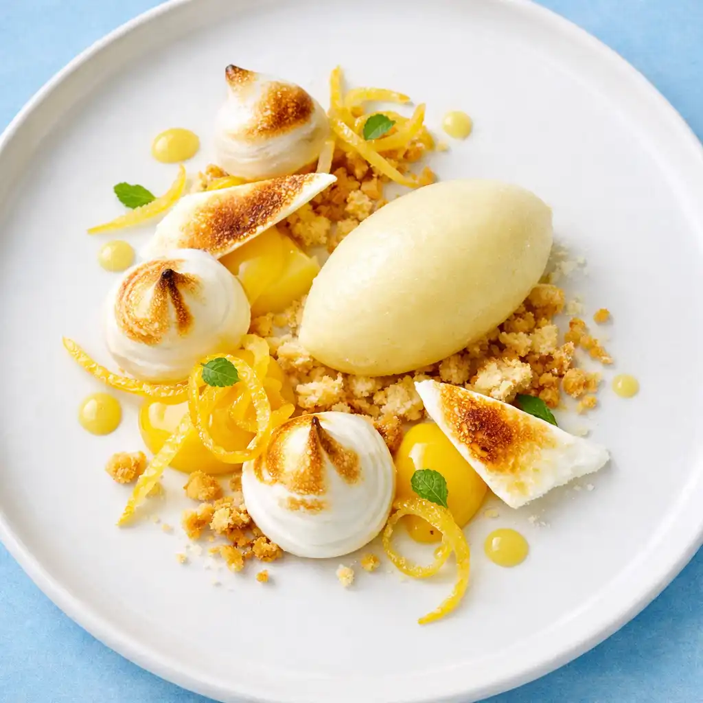 Dessert signature de tarte au citron déstructurée avec meringue dorée et sorbet