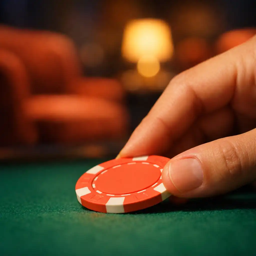 Gros plan sur une main posant un jeton corail sur une table de poker dans le Card Lounge