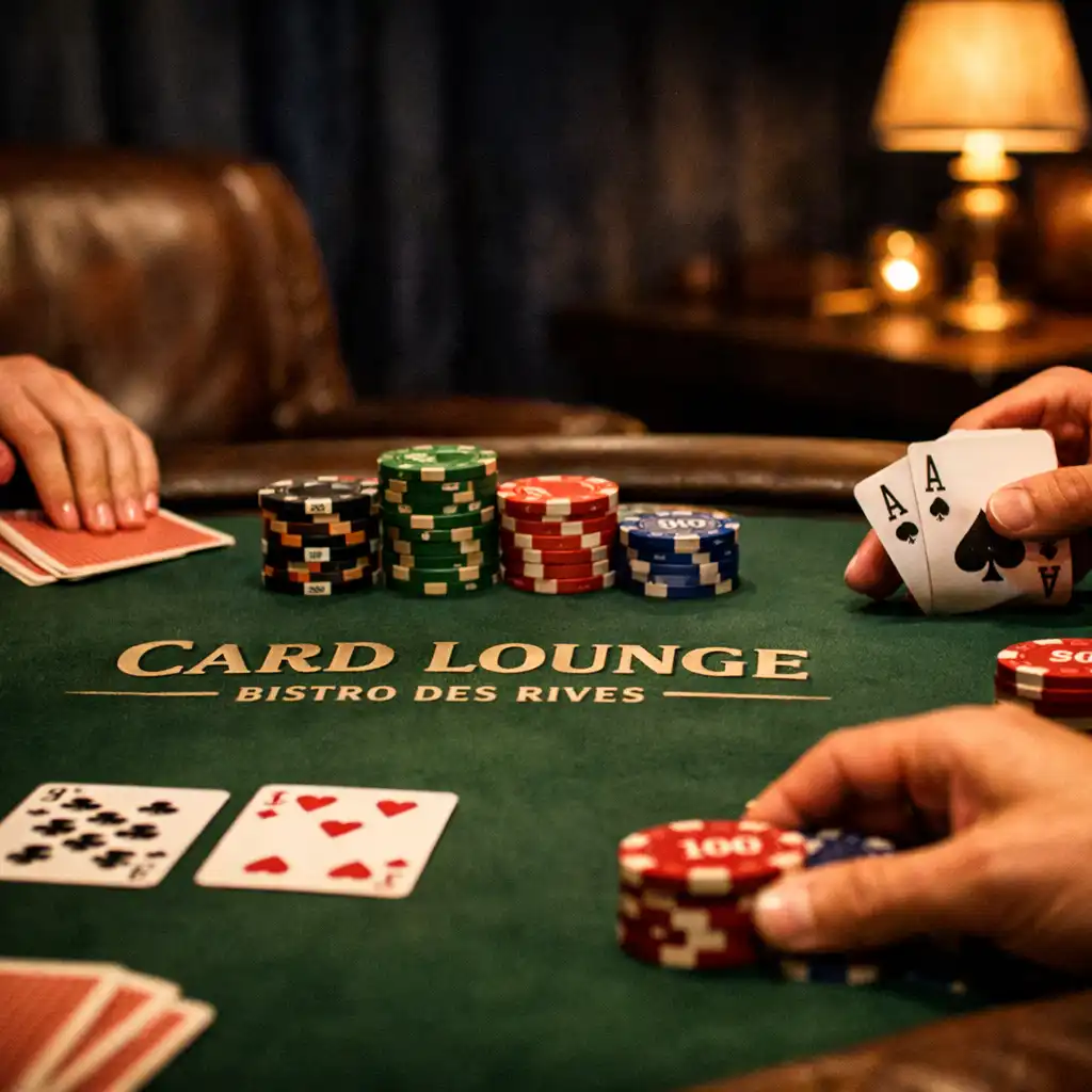 Gros plan sur une table de poker dans le Card Lounge, feutre vert, jetons en céramique, cartes et mains de joueurs, ambiance tamisée.