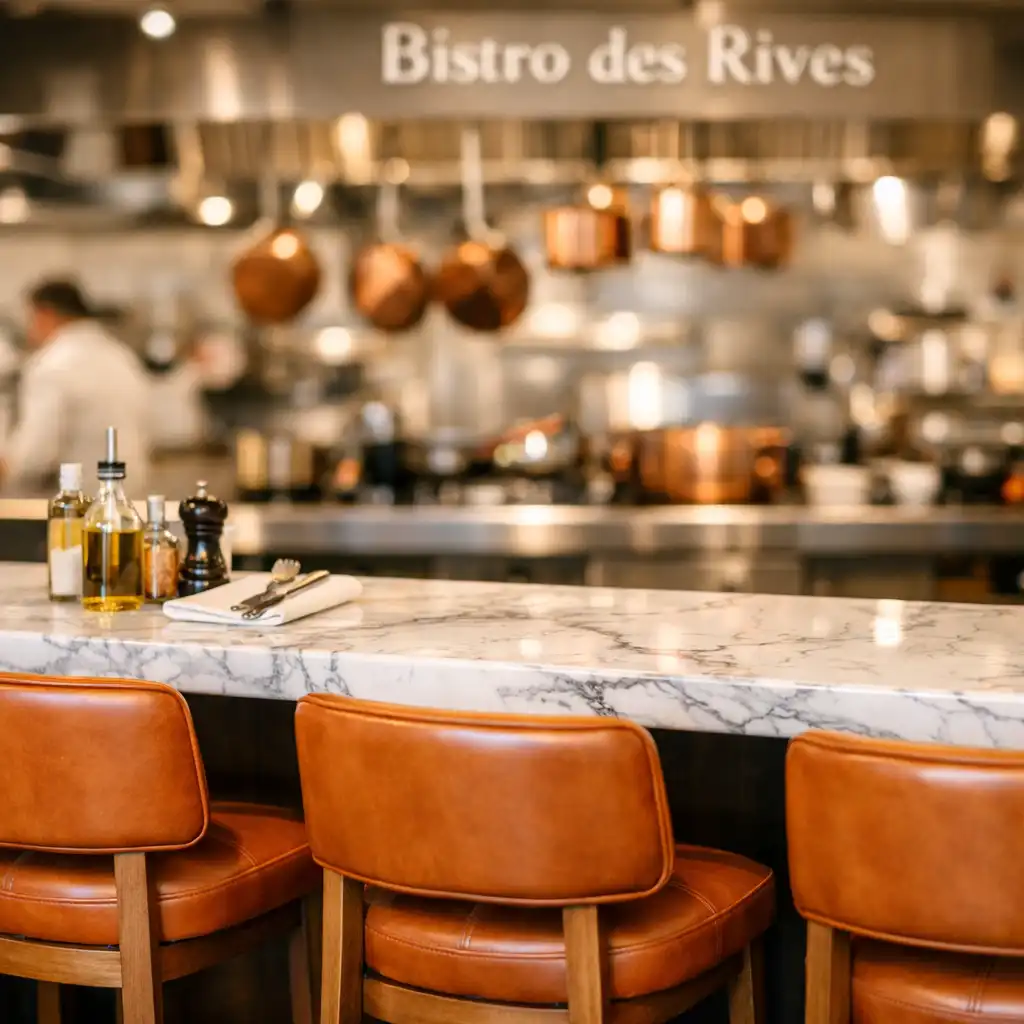Comptoir en marbre blanc veiné de gris avec tabourets hauts en bois et cuir fauve, cuisine ouverte en arrière-plan flou.
