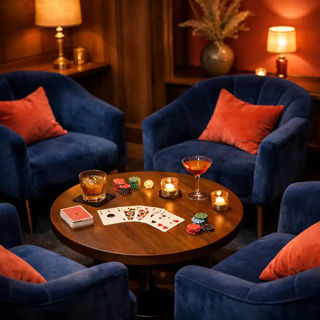 Card Lounge intime avec fauteuils en velours bleu, table basse avec cartes et boissons