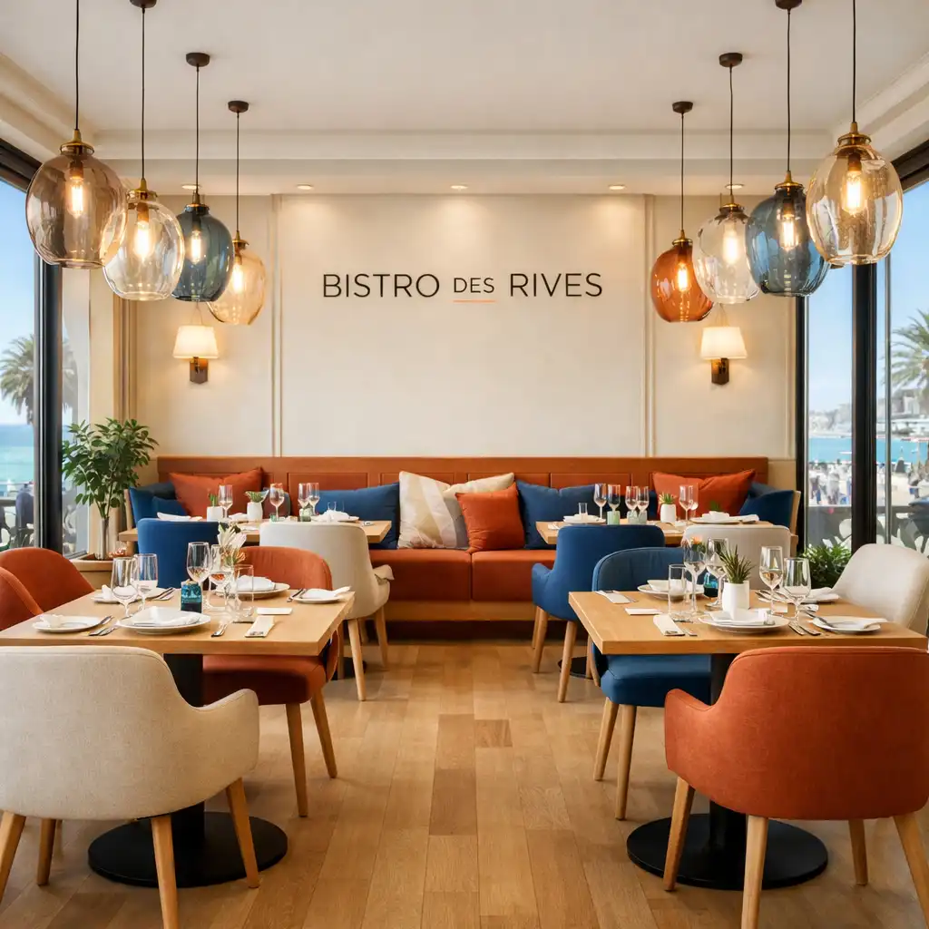 Salle à manger élégante avec tables en bois clair, luminaires en verre soufflé et baies vitrées