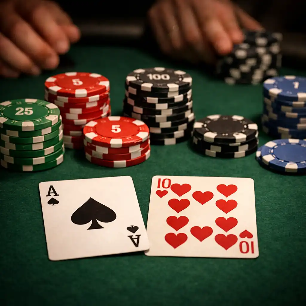 Gros plan sur une table de poker physique avec cartes, jetons en céramique et mains de joueurs