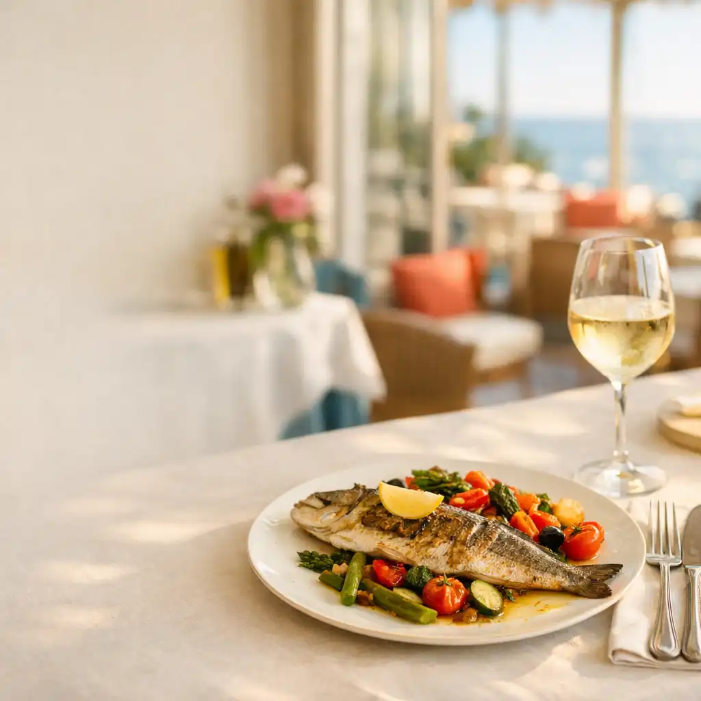 Table de restaurant méditerranéen avec poisson grillé, légumes colorés et verre de vin blanc, salle lumineuse en arrière-plan