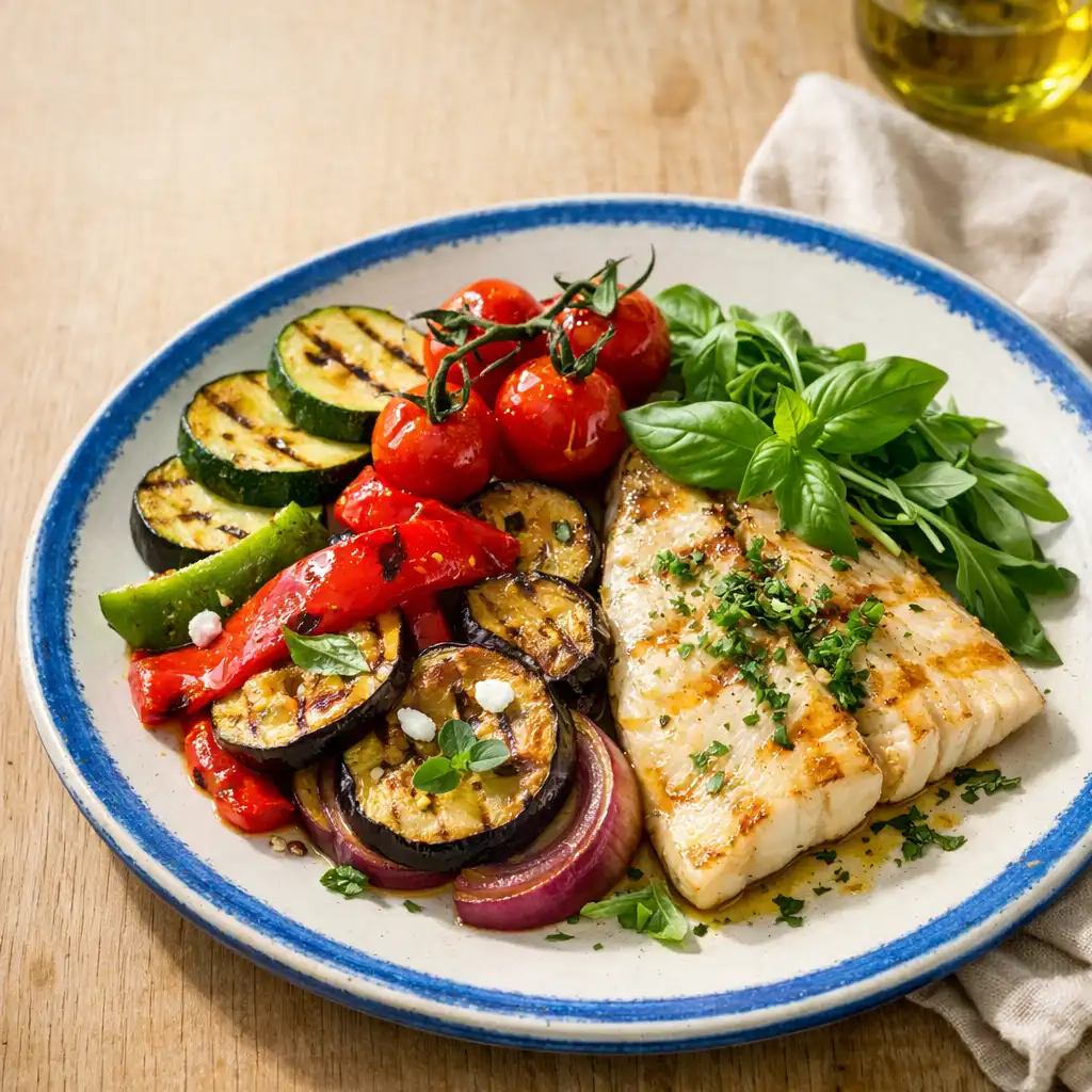 Assiette méditerranéenne contemporaine avec légumes grillés, filet de poisson et herbes fraîches sur une table en bois clair