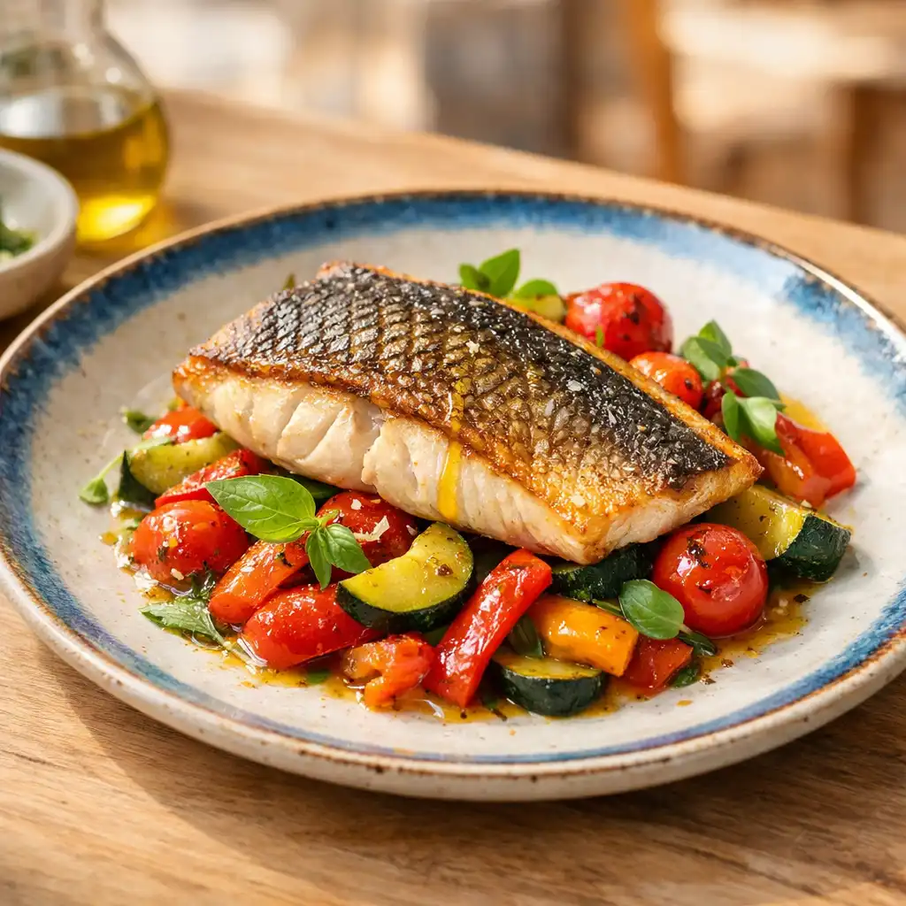 Filet de poisson grillé sur lit de légumes rôtis colorés, servi dans une assiette en céramique artisanale.