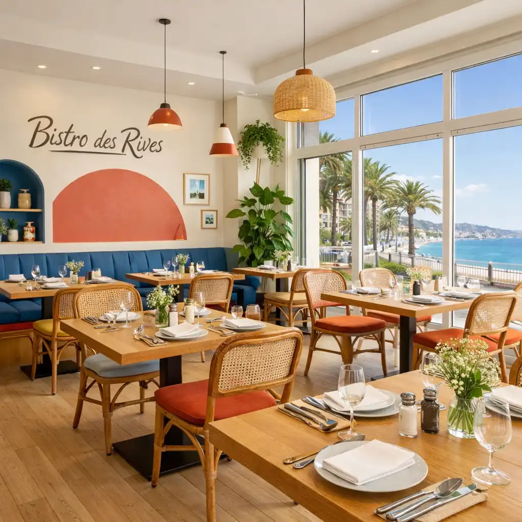 Salle lumineuse du restaurant Bistro des Rives avec grandes fenêtres donnant sur la Promenade des Anglais, tables en bois clair et chaises en rotin.