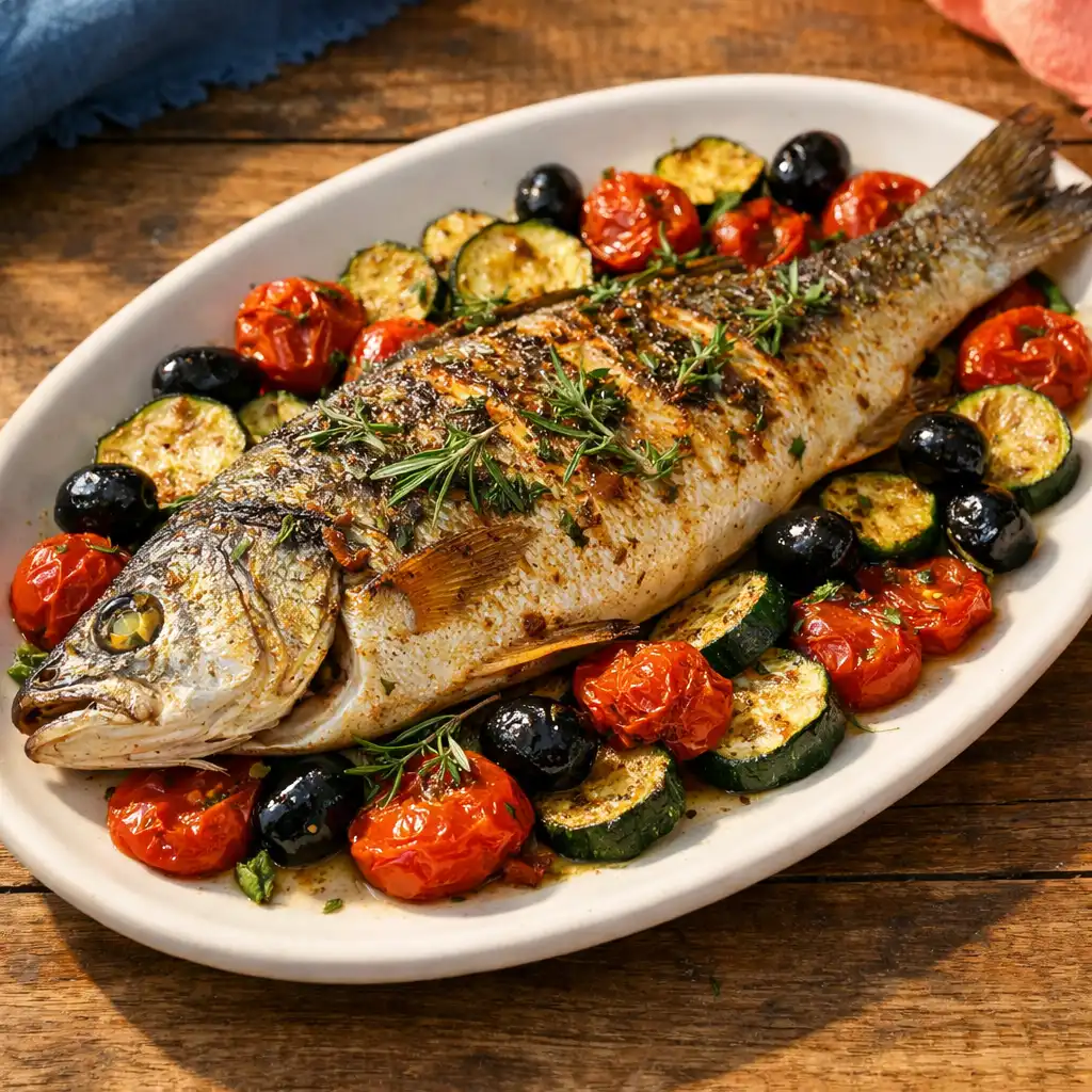 Loup de Méditerranée rôti entier, peau dorée et croustillante, entouré de légumes de saison.
