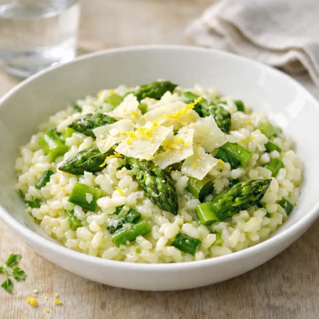 Risotto crémeux aux asperges vertes, garni de copeaux de parmesan et d'un zeste de citron.