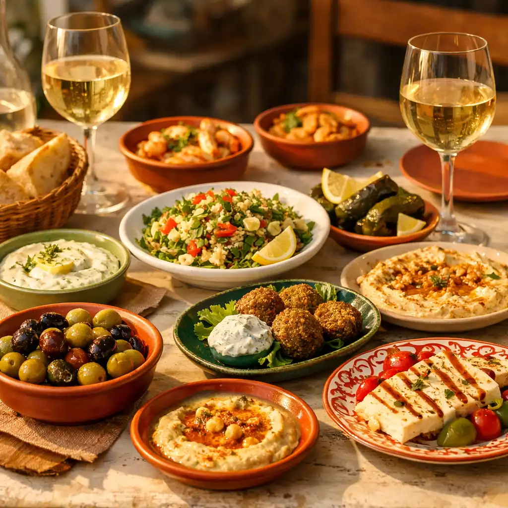 Assiette de plats méditerranéens colorés sur une table en bois clair