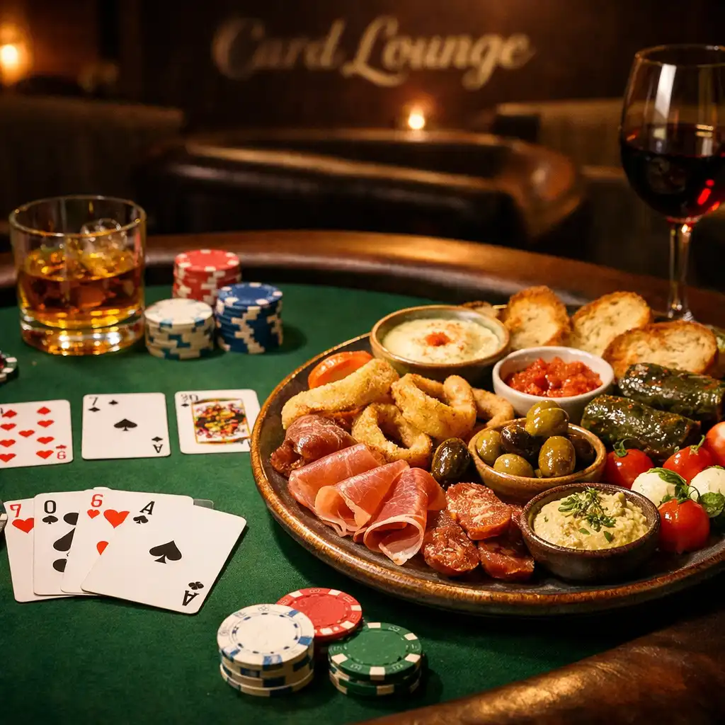 Table de poker physique avec cartes et jetons, à côté d'une assiette de tapas méditerranéennes