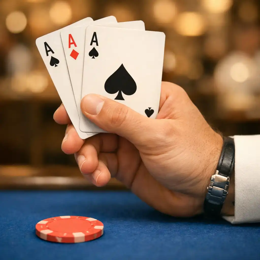 Main tenant trois cartes à jouer avec un jeton corail posé sur la table