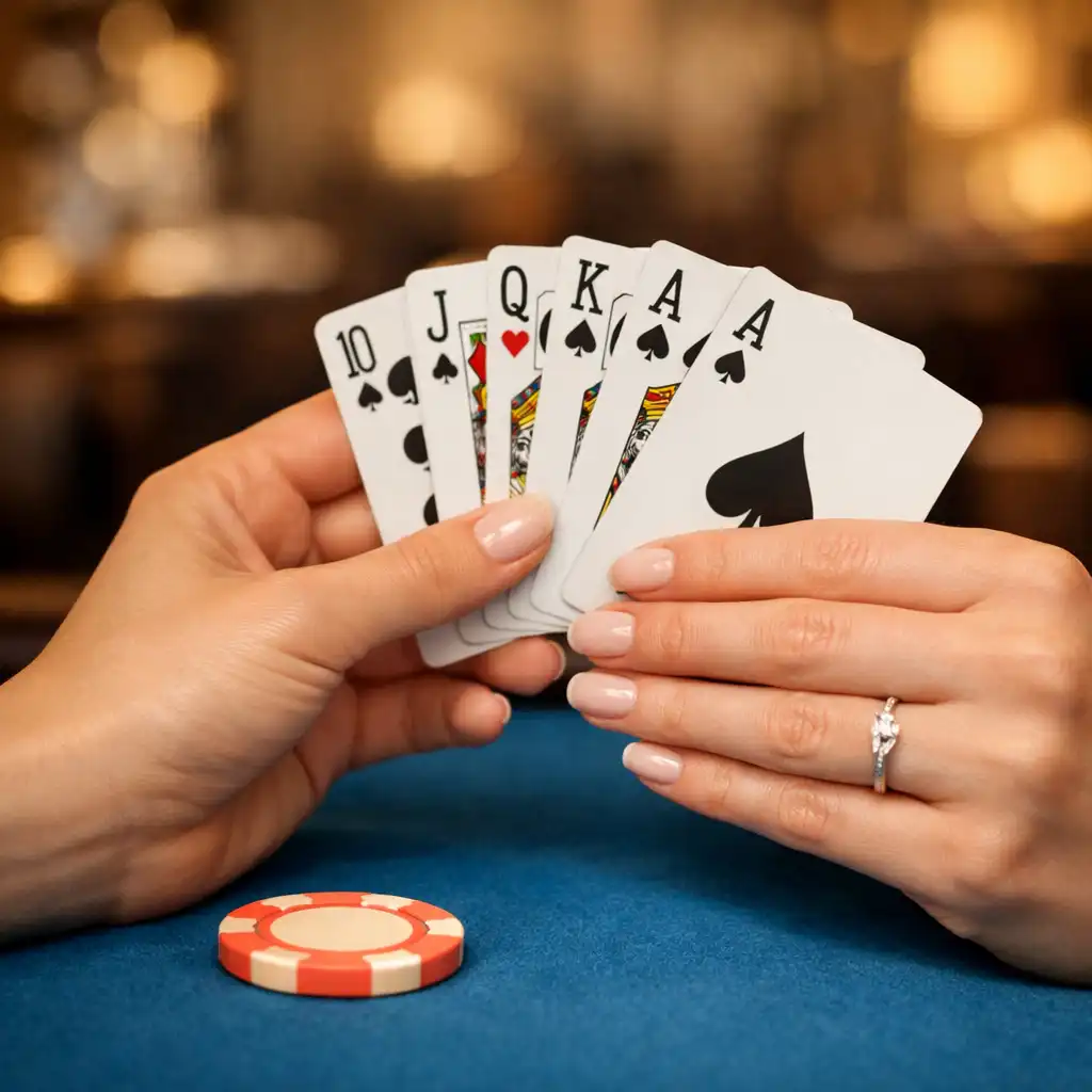 Gros plan sur des mains tenant des cartes au-dessus d'une table de poker