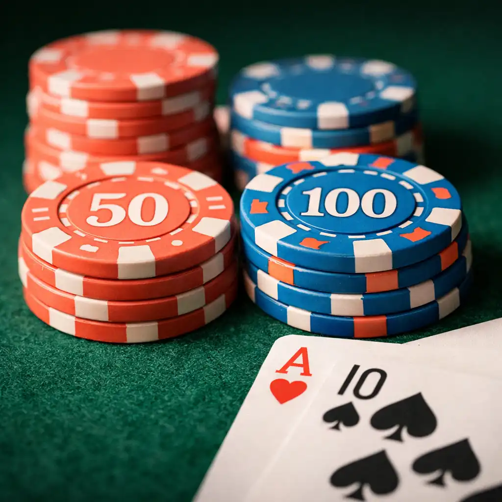 Gros plan sur des jetons de poker en céramique et des cartes à jouer posées sur un tapis de feutre vert profond.