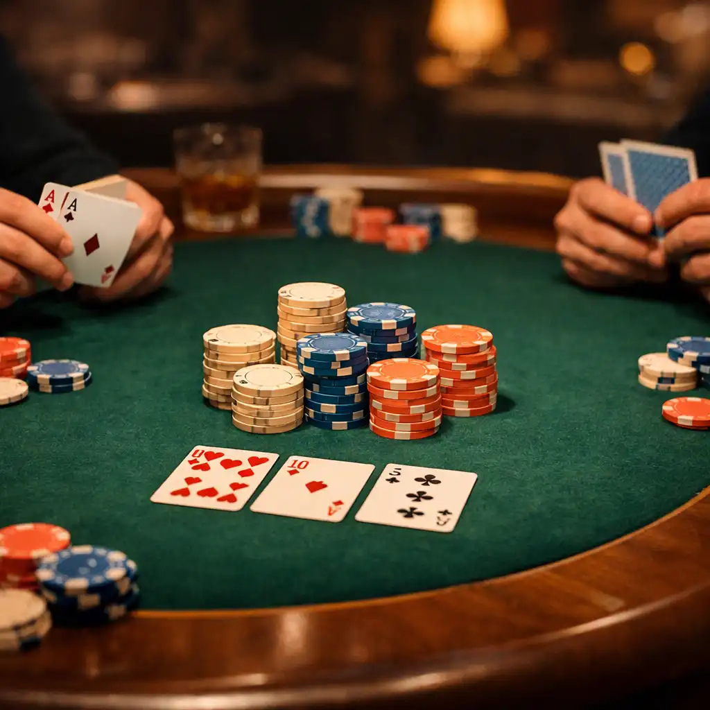 Table de poker ovale en bois massif avec tapis de feutre vert, mains de joueurs tenant des cartes et jetons colorés, éclairage tamisé.