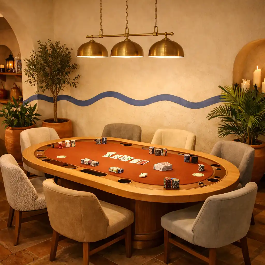 Vue d'ensemble de l'espace poker avec une table ovale et des chaises confortables