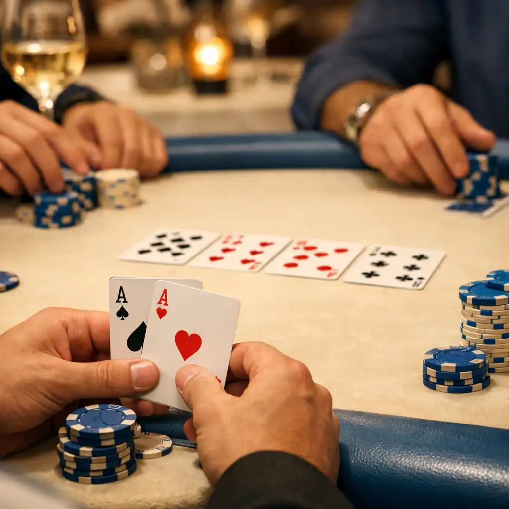 Plan rapproché sur une table de poker avec des joueurs, focus sur les mains et les cartes, ambiance conviviale.
