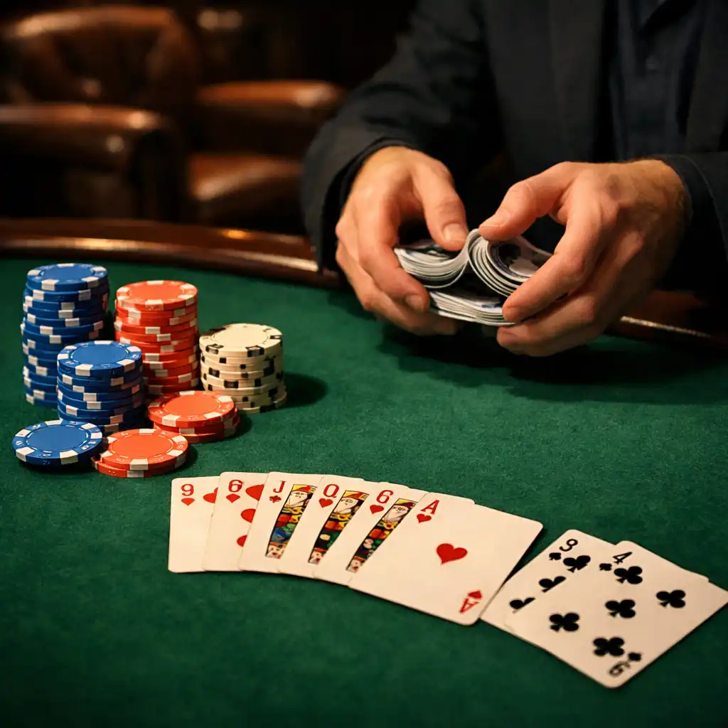 Gros plan sur une table de poker physique avec feutre vert, cartes à jouer et jetons colorés, dans un lounge feutré.