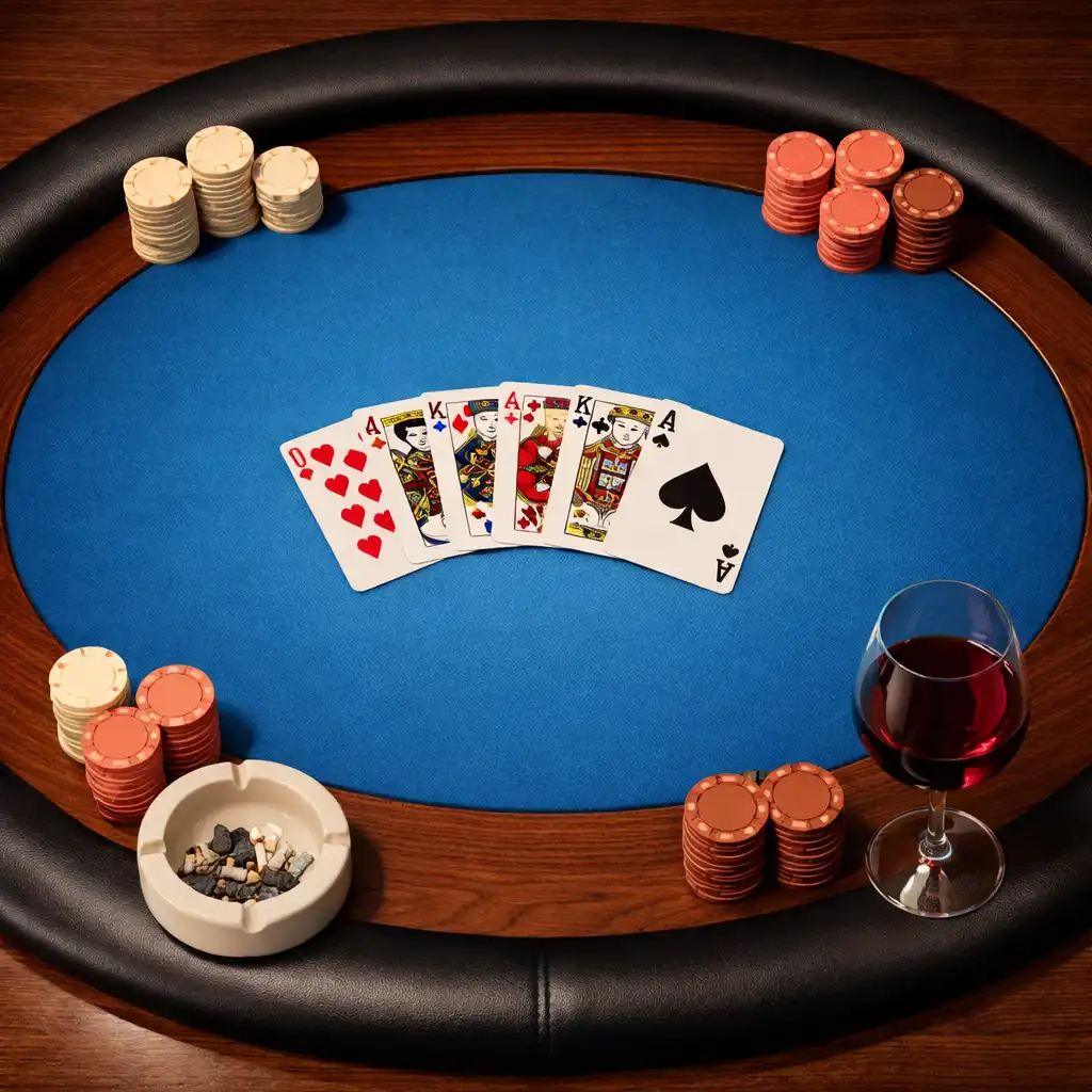 Vue de dessus d'une table de poker avec cartes et jetons disposés