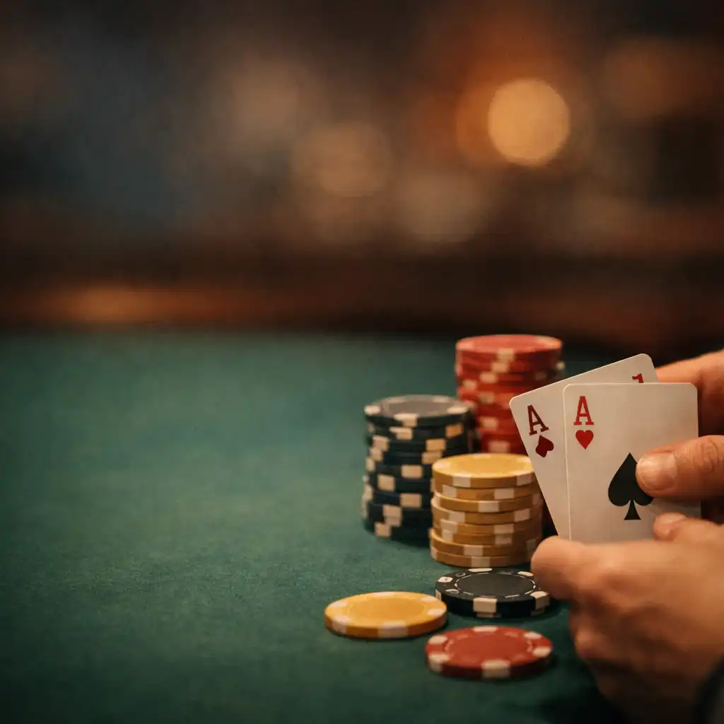 Vue rapprochée d'une table de poker physique au Card Lounge, avec cartes, jetons et feutre vert