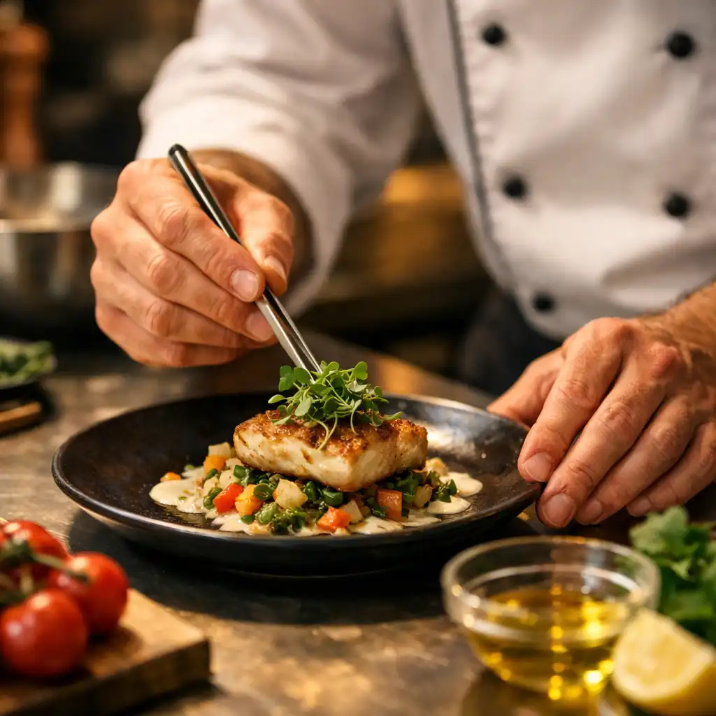 Mains d'un cuisinier préparant un plat dans une cuisine professionnelle