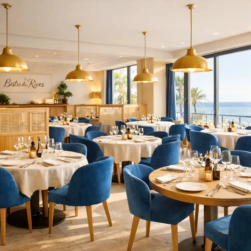 Vue grand angle de la salle principale du Bistro des Rives, tables rondes en chêne clair, chaises en velours bleu et suspensions en laiton, baignée de lumière naturelle.