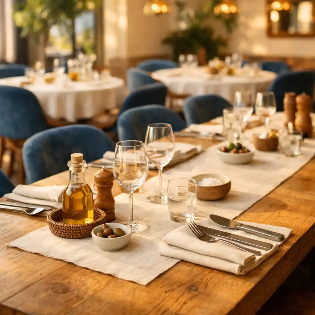 Longue table conviviale en chêne massif dressée avec nappes en lin ivoire, entourée de chaises en velours bleu, dans la salle principale du Bistro des Rives.
