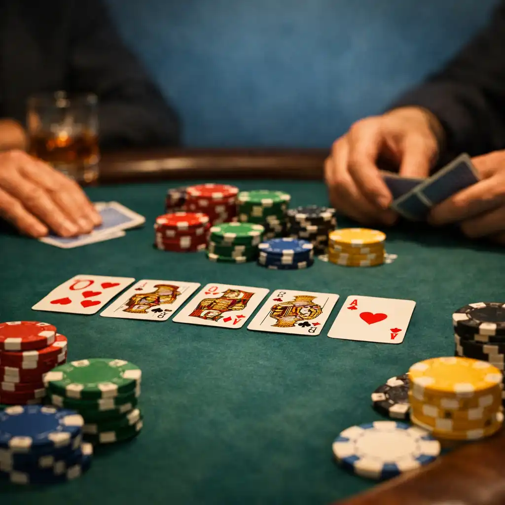 Gros plan sur une table de poker physique avec cartes, jetons colorés et mains de joueurs dans un Card Lounge feutré